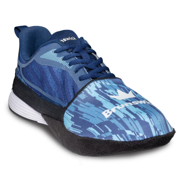 The Scratch Shoe Slider with a multi-blue digital camouflage pattern and a white brunswick logo on the top with a black strap around the back of the shoe.
