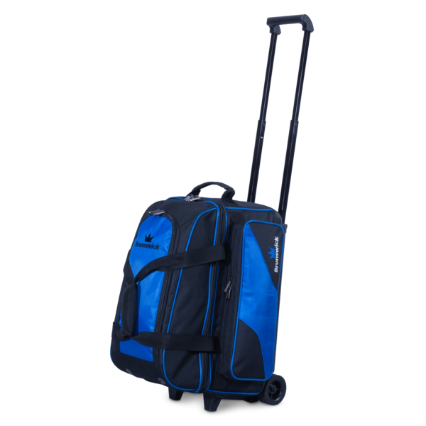 Zone Double Roller Blue upright with handle extended three quarter view facing left.