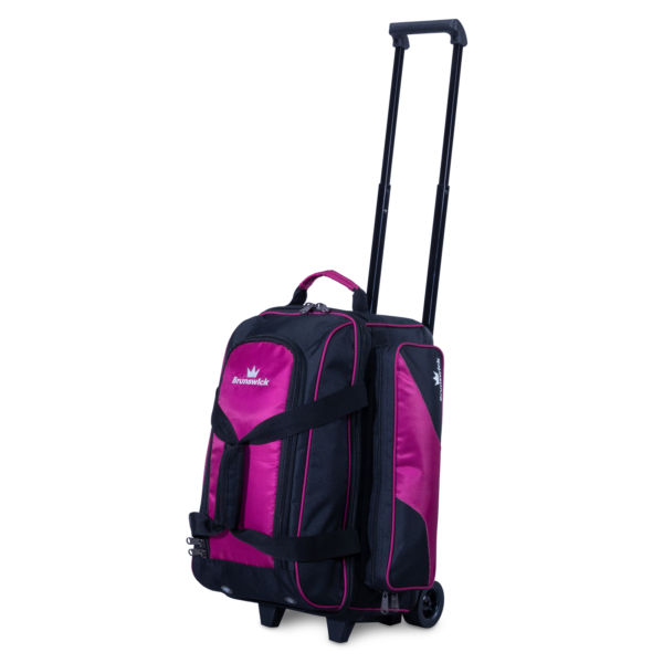 A two ball roller bag with black and raspberry coloring upright with handle extended three quarter view facing left.