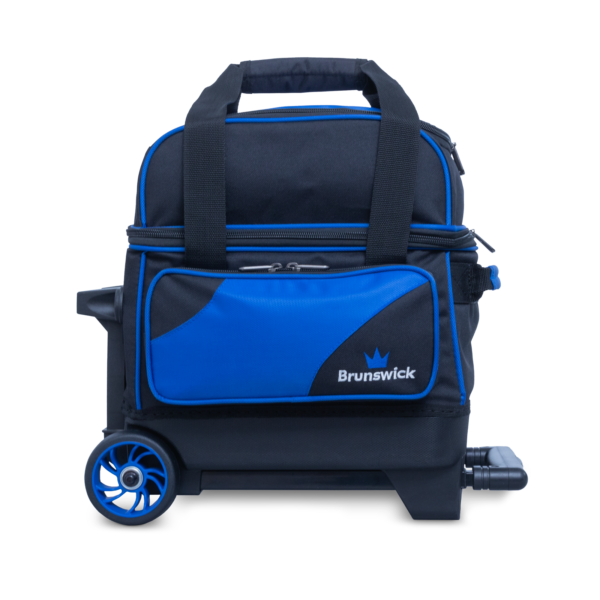 A single ball roller bag in blue and black laying down straight-on side view showing accessory pocket