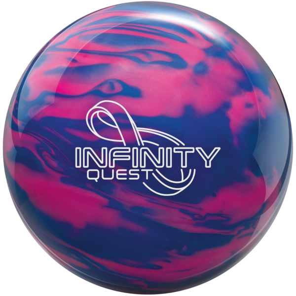 A blue and pink colored bowling ball with the Infinity Quest logo in white centered prominently.