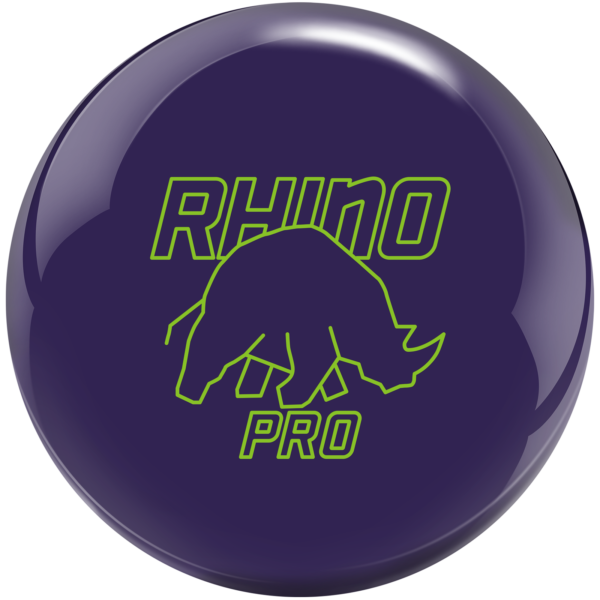 A purple colored bowling ball with the Rhino Pro logo in bright green centered prominently.