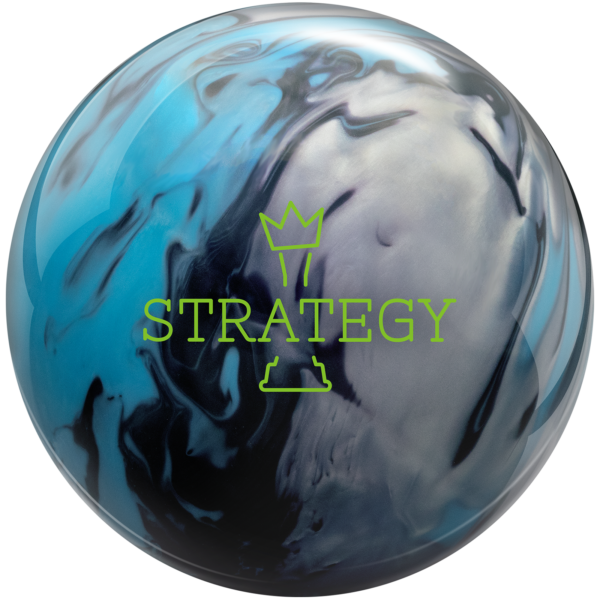 A black, blue, and silver colored bowling ball with the Strategy logo in bright green centered prominently.