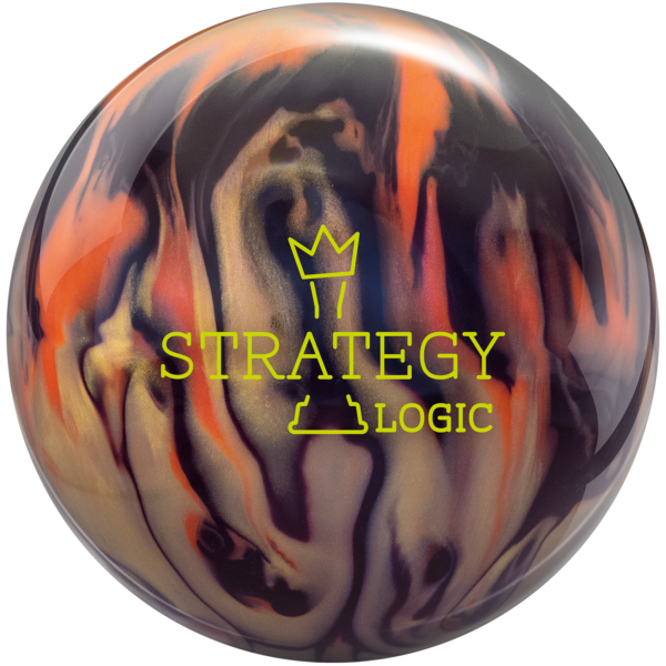A black, gold, and orange colored bowling ball with the Strategy Logic logo in bright yellow centered prominently.