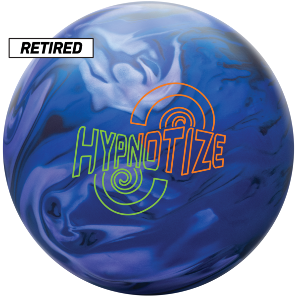 A black, blue, navy, and purple colored bowling ball with the Hypnotize logo colored neon yellow and orange centered prominently.