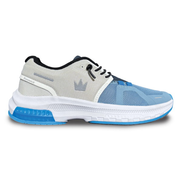The blue and white Alpine right shoe side view with the toe pointing right.