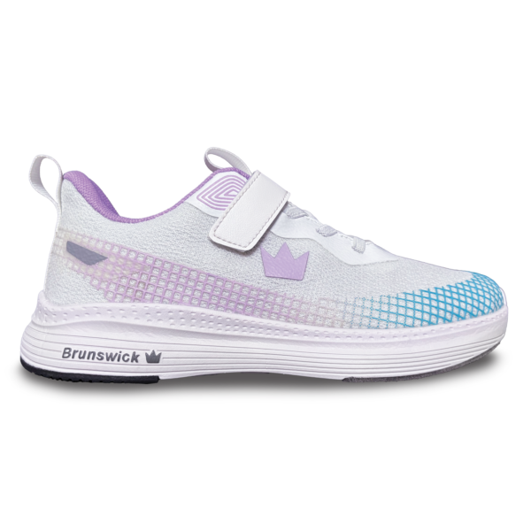 The white and teal colored Strike Zone right shoe side view with the toe pointing right.