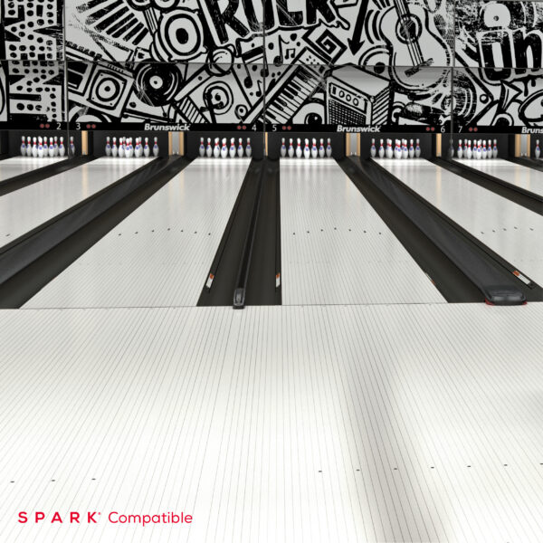 Brunswick bowling lanes with Ice White surface and black and white music-themed wall graphics - Spark compatible