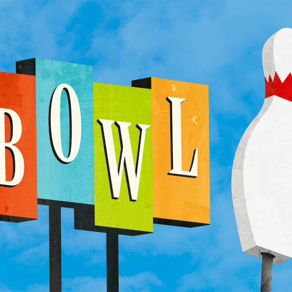 Colorful retro-style “BOWL” sign with bold block letters in orange, teal, green, and yellow against a bright blue sky, next to a large stylized bowling pin.