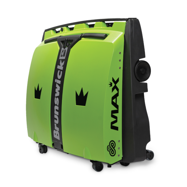 Brunswick MAX lane machine in lime green, three-quarter angle view showing side panel with MAX branding, Brunswick logo, and four-wheel base