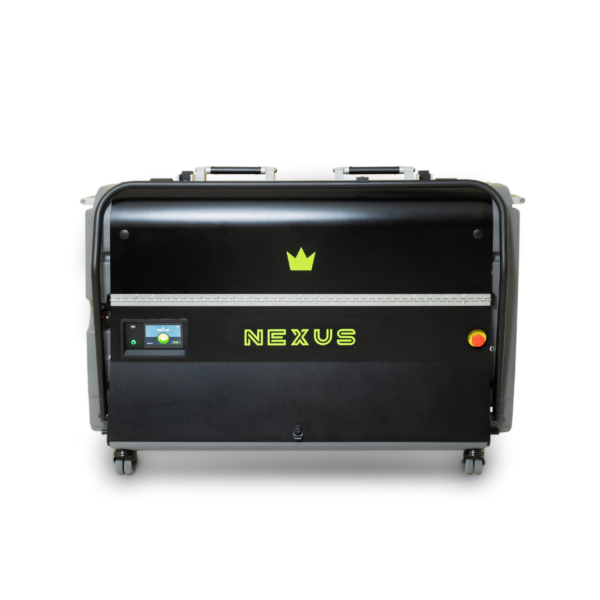 Front view of Brunswick Nexus bowling lane cleaning machine with control panel and yellow crown logo on black surface