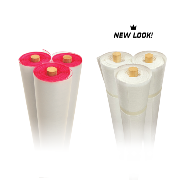 Comparison of product packaging: three rolls of white material with red edges on the left, and three rolls of white material with plain white edges labeled 'New Look!' on the right.