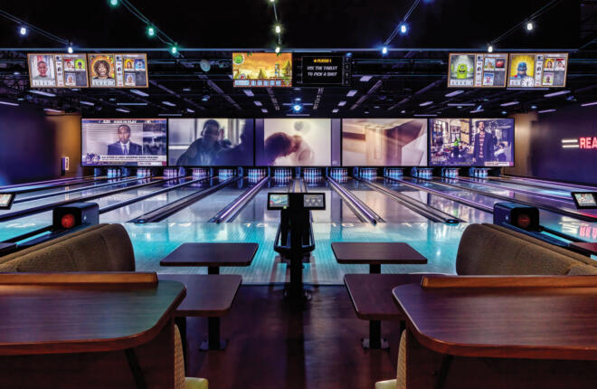 Brunswick Bowling lanes with center stage furniture and seating, sync scoring