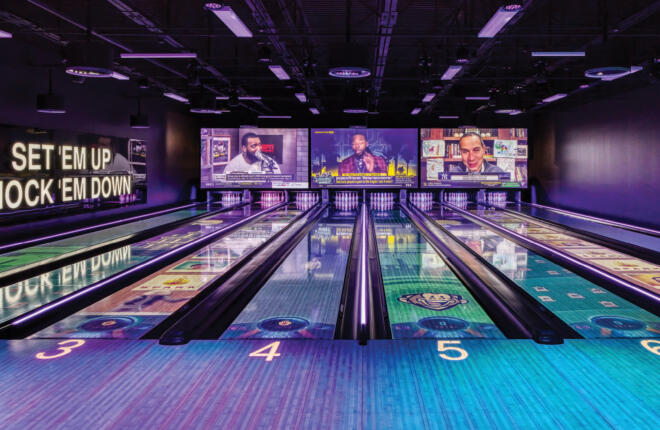 Brunswick Spark immersive bowling lane projections across full bowling center