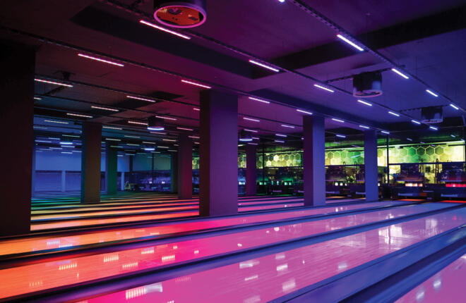 Bowling lanes with colored lighting