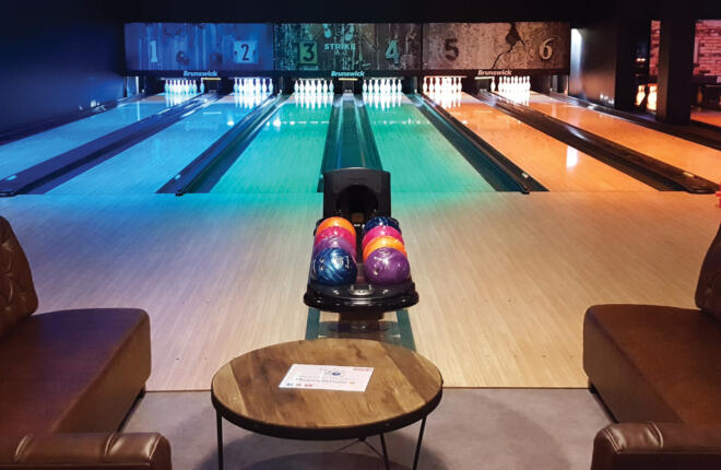 Bowlers area looking down lane, center stage, sync scoring & ball return