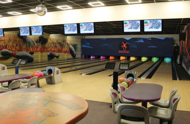 Bowling lanes and seating area