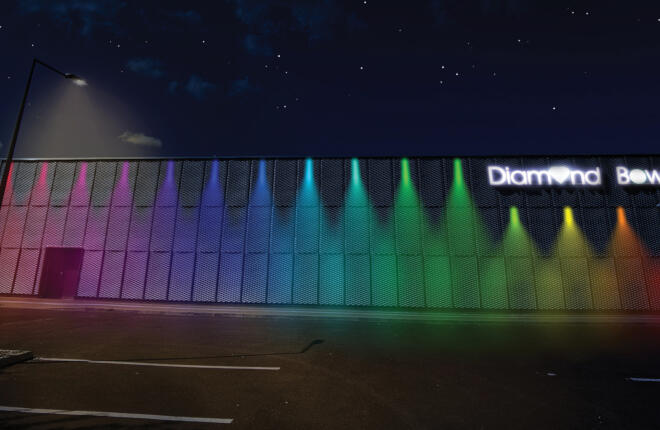 Center entrance with multi-color lights