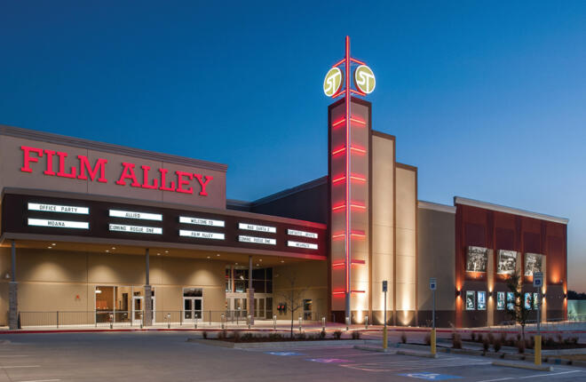 Exterior of Film Alley at dusk
