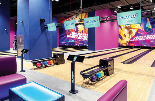 bowling lanes showing seating and full lanes