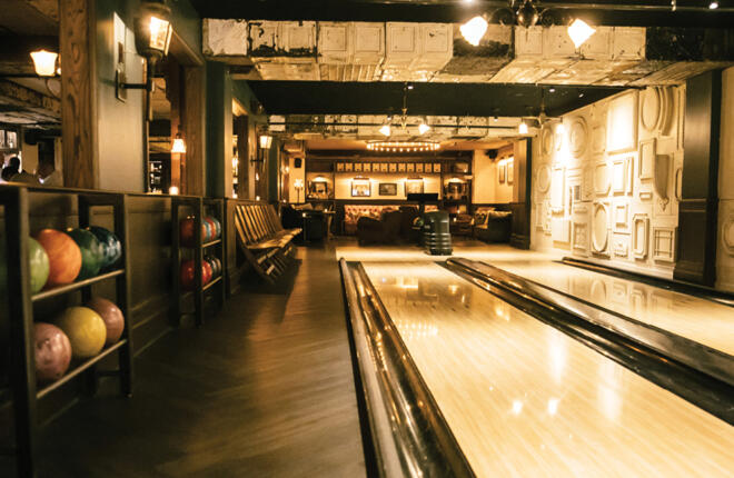 Lanes, ball rack, ball return, sync tablet and decorative wall art