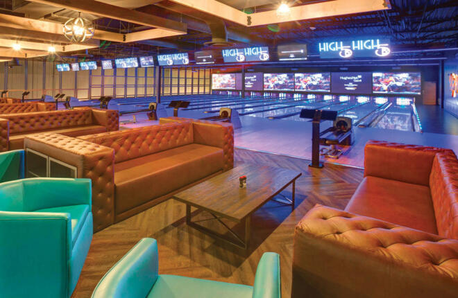 Tufted couches next to the lanes