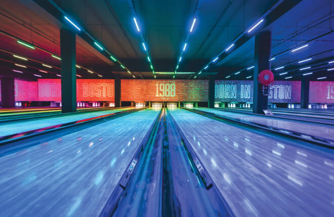 bowling lanes with multicolored masking units
