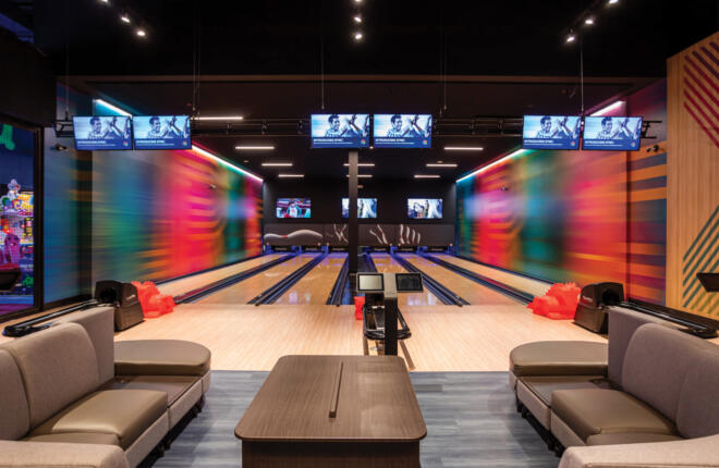 Interior image of the bowling lanes and Center Stage Furniture