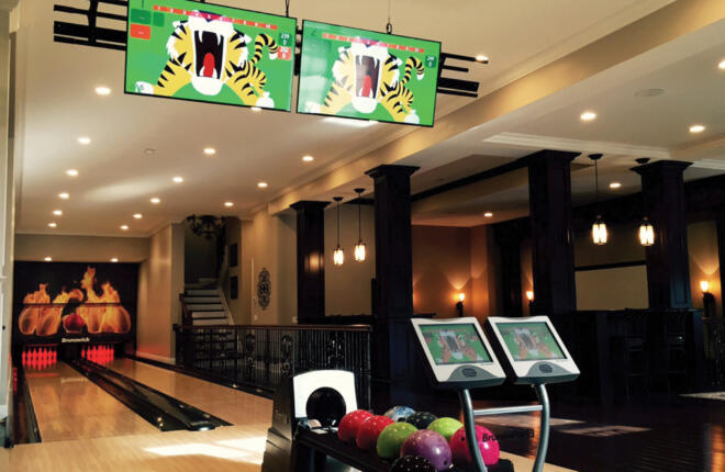 Image of 2 lanes, ball return, LED overhead displays, vector scoring tablets