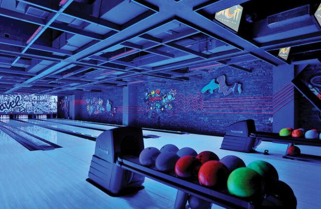 Bowlers area, ball return, Sync tablet, lanes & masking units under black light