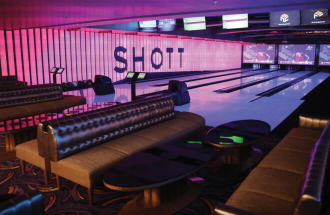 Bowlers area with seating, Sync scoring, ball returns and video masking units