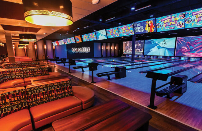 Brunswick bowling lanes with center stage furnture seating and Sync scoring