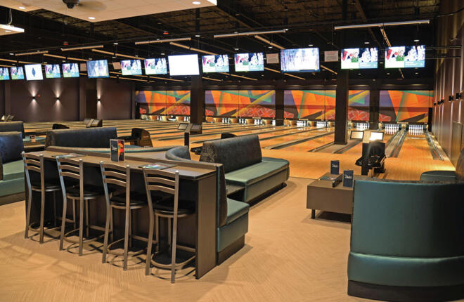 Open play lanes, seating, coffee tables, Sync tablets and ball returns