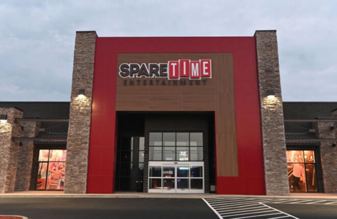 Main entrance and Spare Time building signage