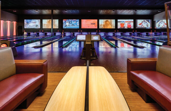 Bowlers area seating, lanes, video masking unit and Sync tablets.