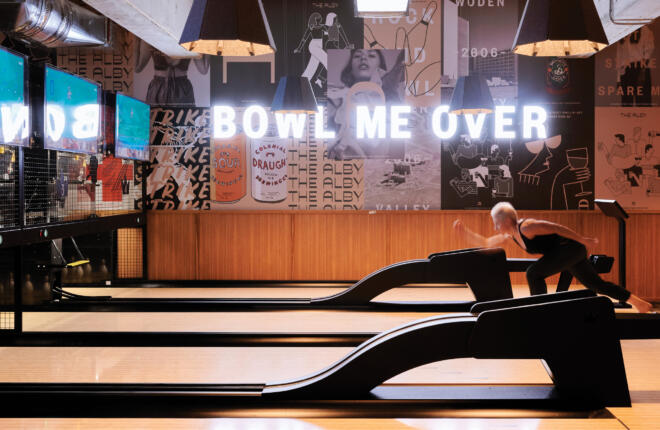 Customer bowling on Duckpin Social, Center Stage surface returns & Sync Tablets