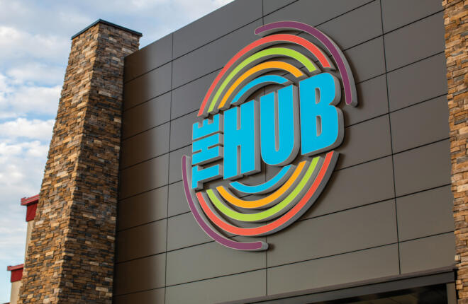 The HUB exterior logo signage