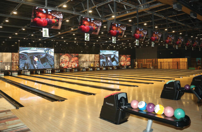 Bowling lanes, masking units, bowling balls and ball return