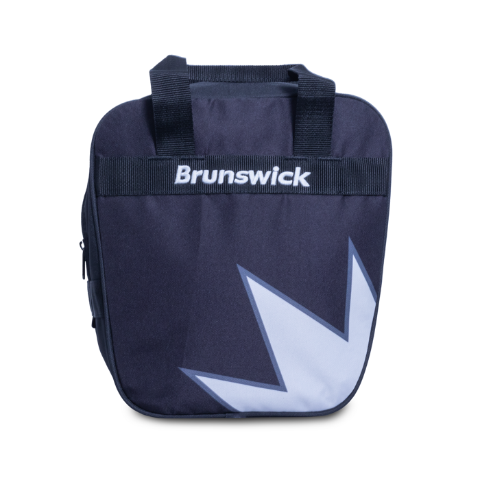 A single tote bag with a black background and the top part of a white crown coming up from the bottom right and with a white Brunswick logo near the top.