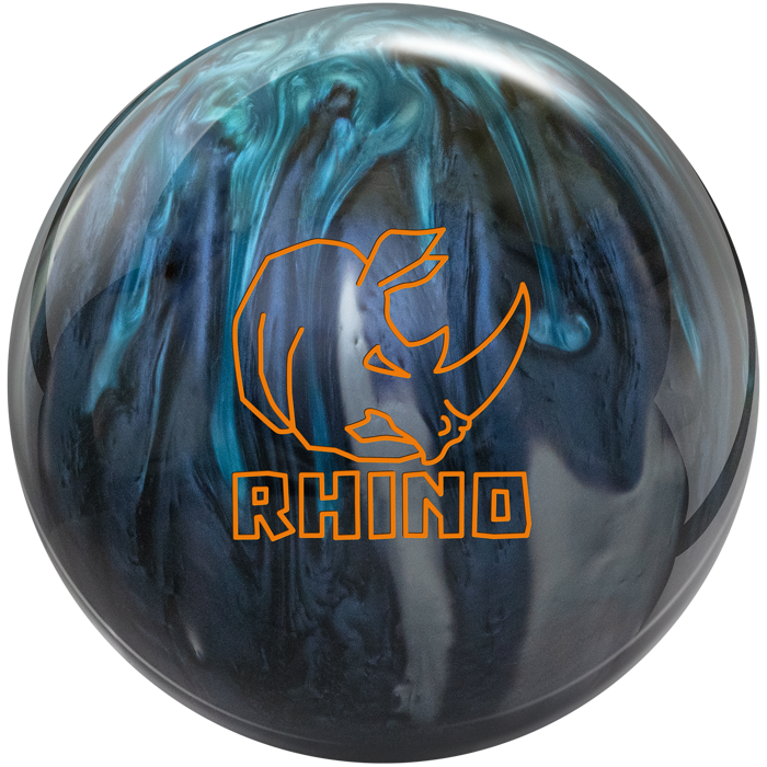 A blue, cadet grey, and silver colored bowling ball with the Rhino logo in orange centered prominently.