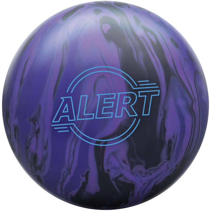A black, purple, and grape colored bowling ball with the Alert logo in light blue centered prominently.