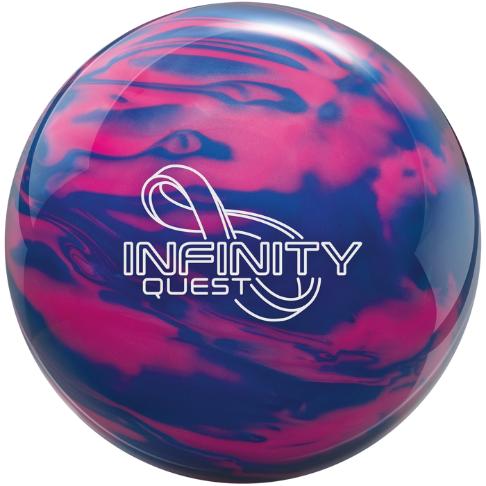 A blue and pink colored bowling ball with the Infinity Quest logo in white centered prominently.