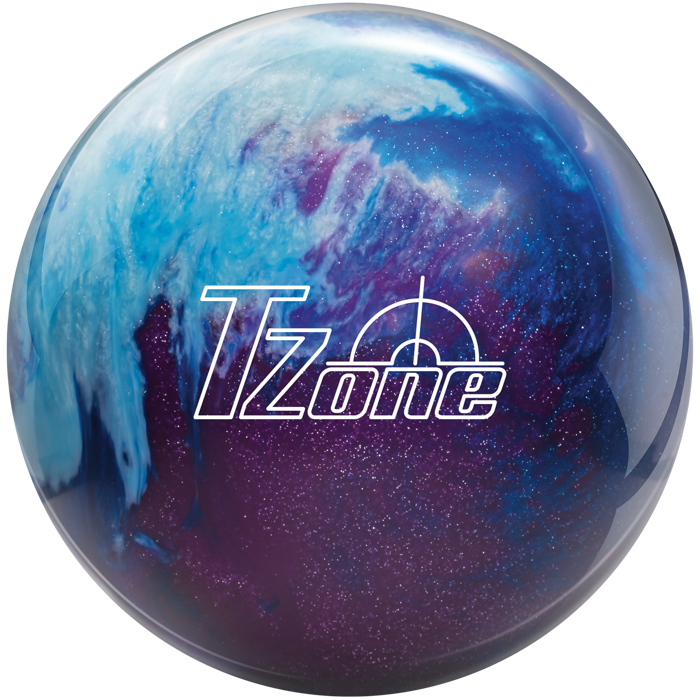 A purple, light blue, and dark blue colored bowling ball with the TZone logo in white centered prominently.
