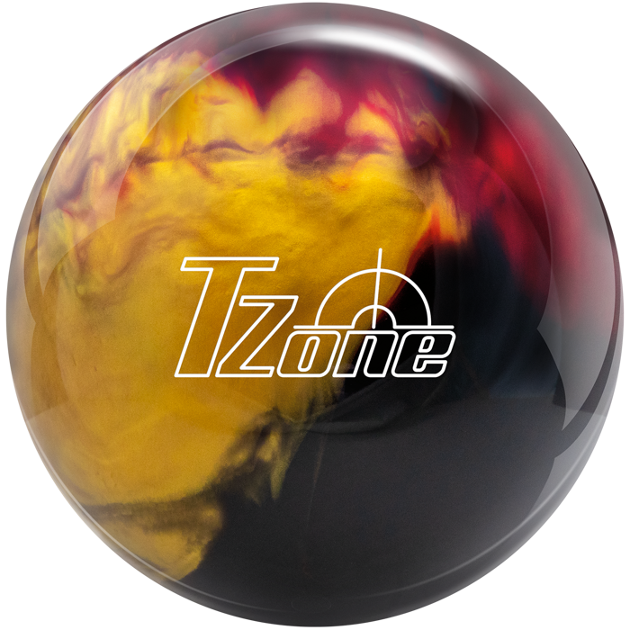 A scarlet red, gold, and black colored bowling ball with the TZone logo in white centered prominently.