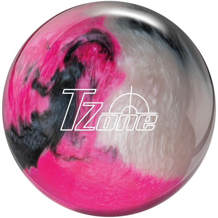 A pink, white, and black colored bowling ball with the TZone logo in white centered prominently.
