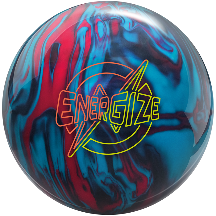 A red, black, and blue colored bowling ball with the Energize logo in orange and yellow centered prominently.