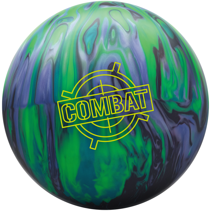 A black, purple, green, and lime colored bowling ball with the Combat logo in neon green centered prominently.