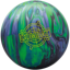 A black, purple, green, and lime colored bowling ball with the Combat logo in neon green centered prominently.