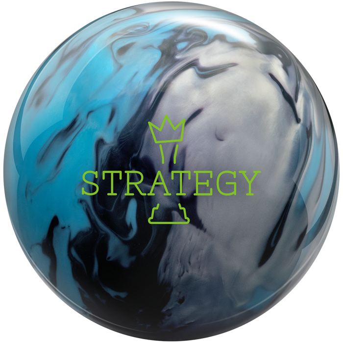 A black, blue, and silver colored bowling ball with the Strategy logo in bright green centered prominently.