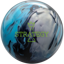 A black, blue, and silver colored bowling ball with the Strategy logo in bright green centered prominently.